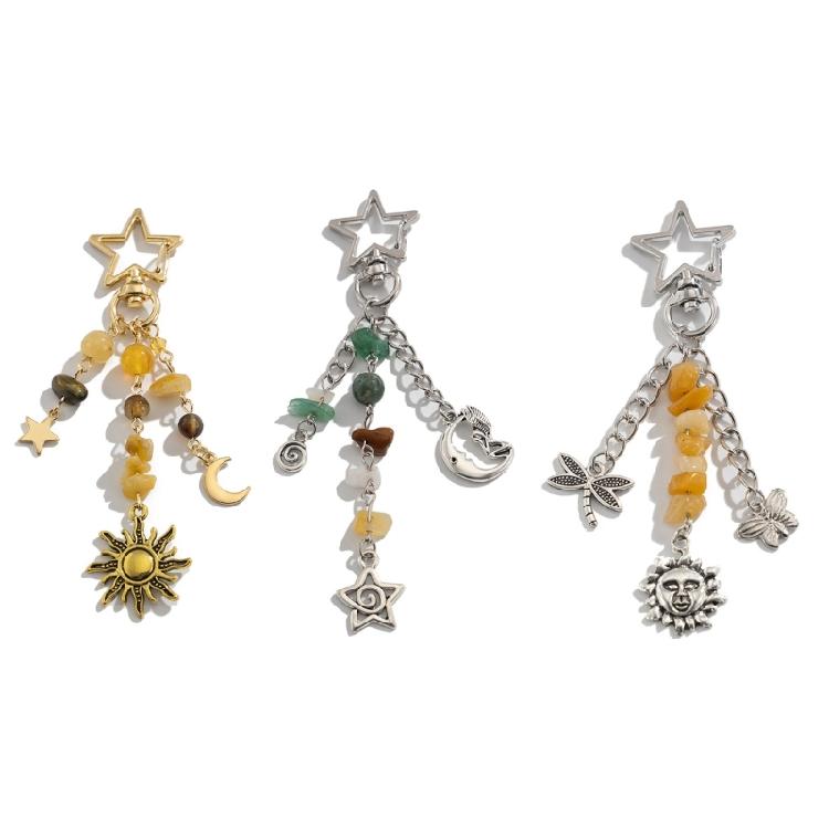 Fashionable Stars Moon Sun Pendant Keyring Holder for Women and Girls Bohemian Colorful Beads Jewelry Accessory