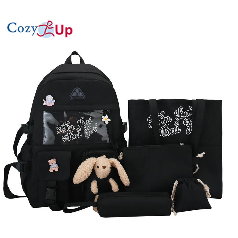 

5-секционный школьный рюкзак для девочек с милым рисунком кролика, повседневный рюкзак 43x31x15cm чёрный