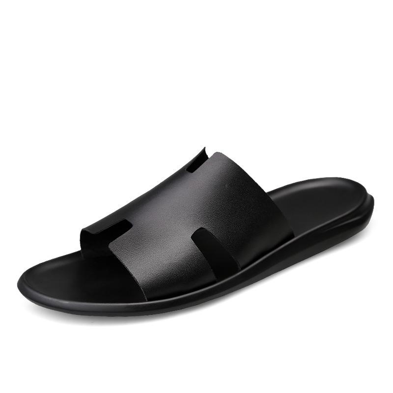 2024 Men s Open-Toe Cowhide Slip-On Sandals - One-Strap, Large Size Beach Shoes 45