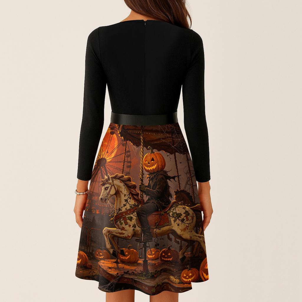 Women's Vintage V-Neck Long Sleeve Casual Halloween Print Dress
