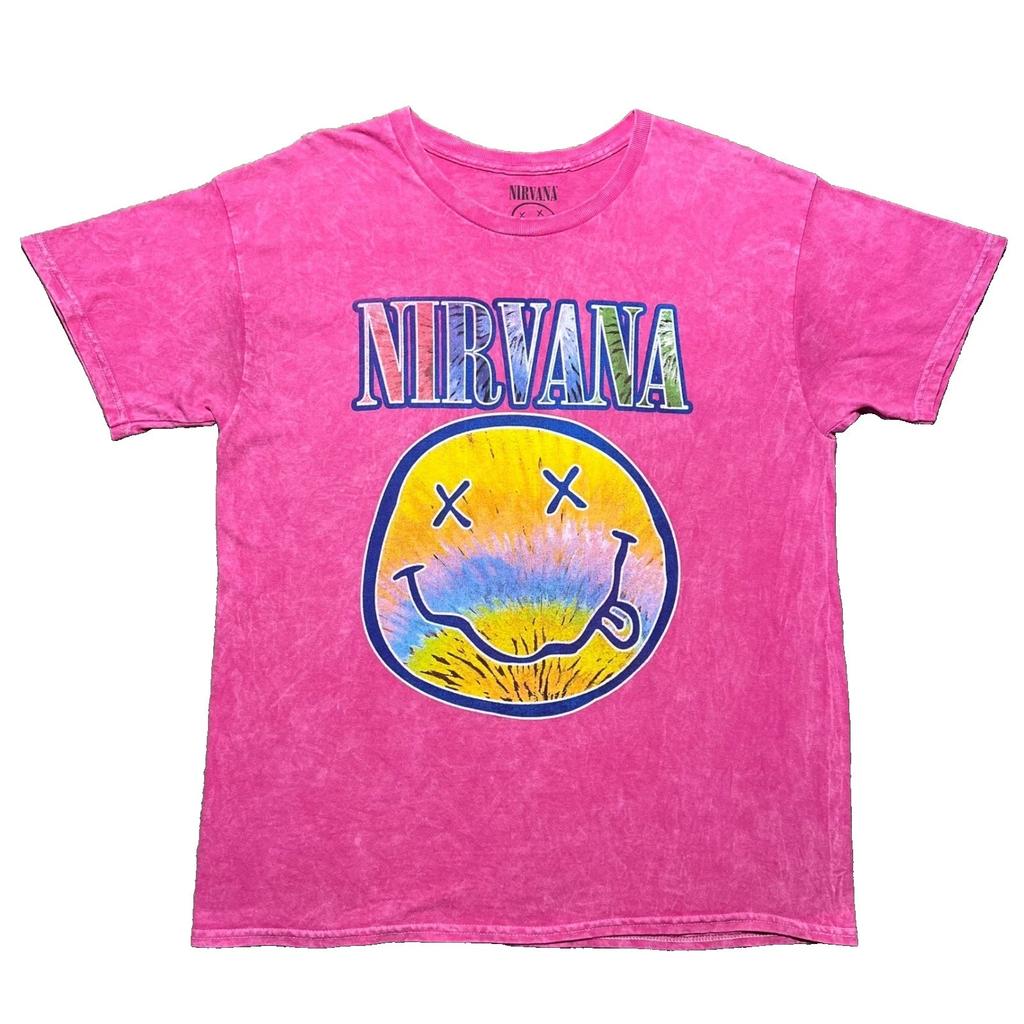 Nirvana Pink Acid Wash Smiley Face Graphic T Shirt Mens Large Tie Dye Logo Tee