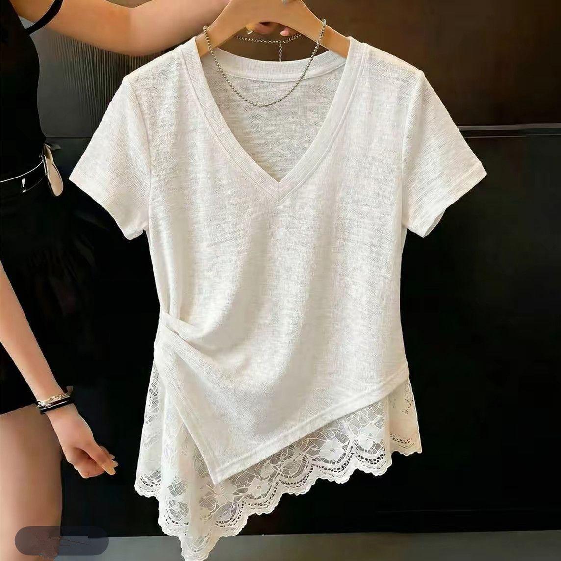 Women s V-Neck Ruched Asymmetrical T-Shirt Layered Lace Hem Short Sleeve Top s