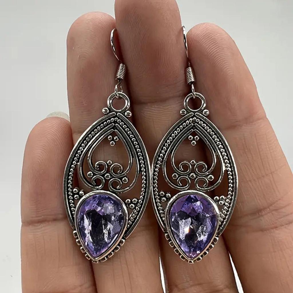Purple Teardrop Dangle Earrings for Women Vintage Filigree Boho Style Drop Earrings Elegant Ethnic Jewelry