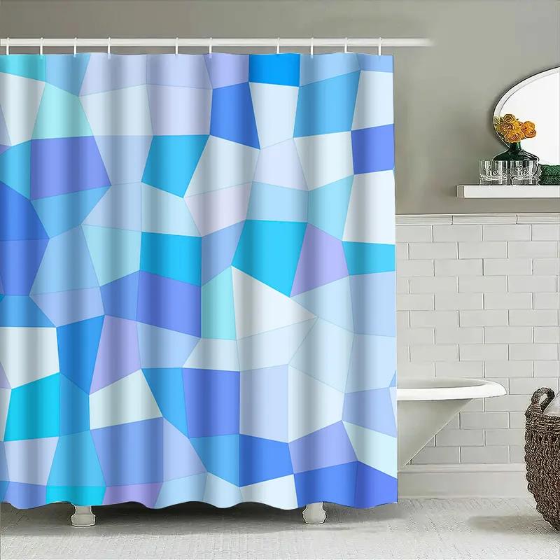 Blauer Geometrischer Design Duschvorhang, Badezimmerdeko, Polyestergewebe, Moderner Dekorativer Shoji-Schirm, Einfache Installation Für