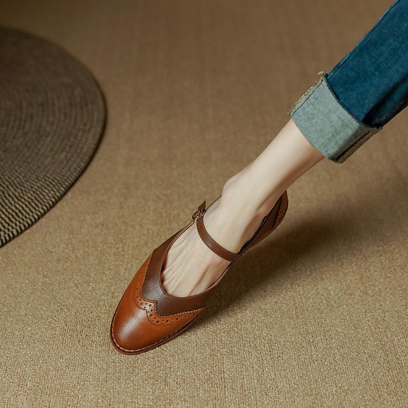 Fashion 2024 New Spring Women Shoes Mary Jane Round Toe Low Heel Genuine Leather Chunky Women Pumps Shoes for Women Zapatos De Mujer