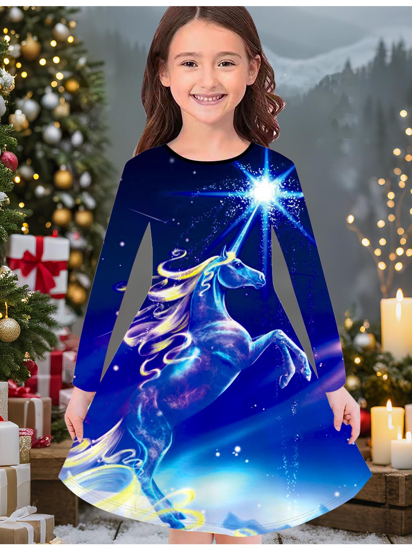 

Модное осенне-зимнее платье для девочек, с 3D принтом единорога, с круглым вырезом, длинное, детское платье-футболка, повседневное, универсальное, рождественская одежда 170 темно-синий