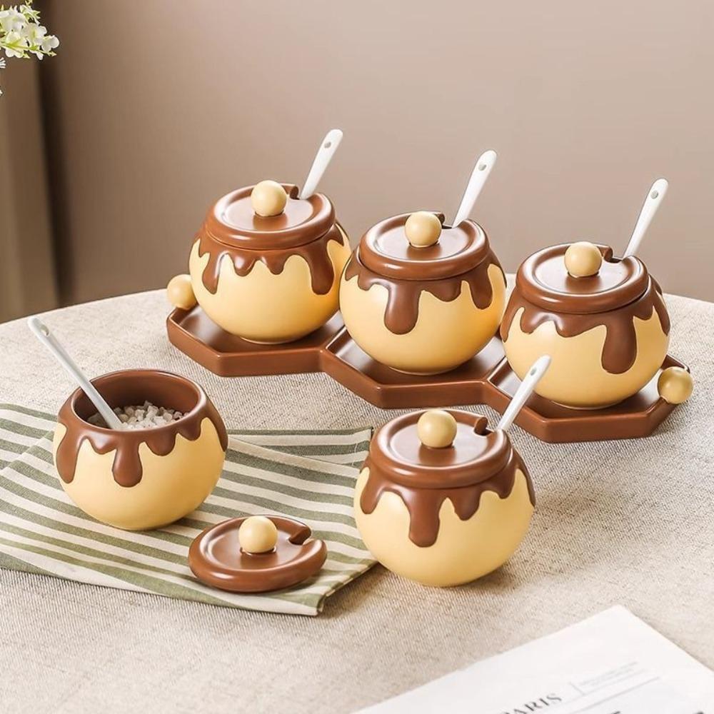 Cartoon Honey Jar Design Spice Jars with Spoon Condiment Pot Creative Ceramic Seasoning Jar  Salt