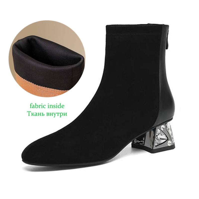 Krazing Pot Cow Suede Nubuck Winter Round Toe Chelsea Boots Med Heels Zipper Crystal Heels Women Ankle Boots