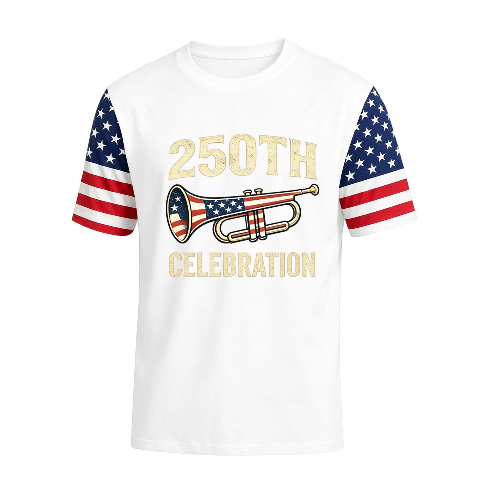 

Men s Short Sleeve Crew Neck T Shirt with Trumpet Print 250th Celebration Letter Graphic and Patterned Sleeves for Daily Wear XL білий