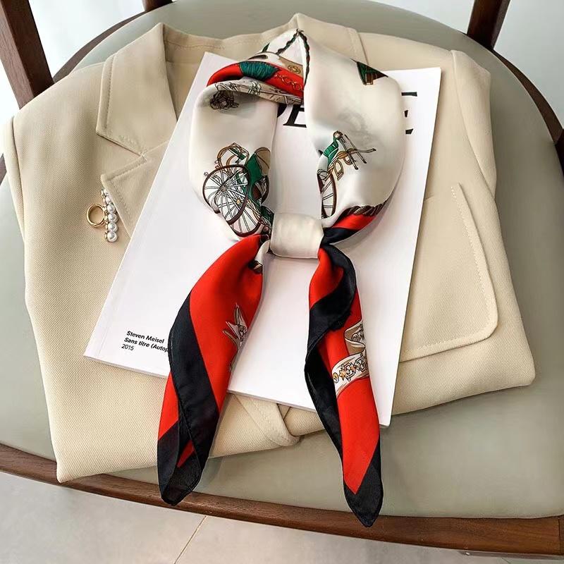 Luxury Print Silk Feeling Square Scarf Women Spring Neck Tie Shawl Wraps Female 70cm Hair Hand Wrist Headkercheif Hijab Bandana