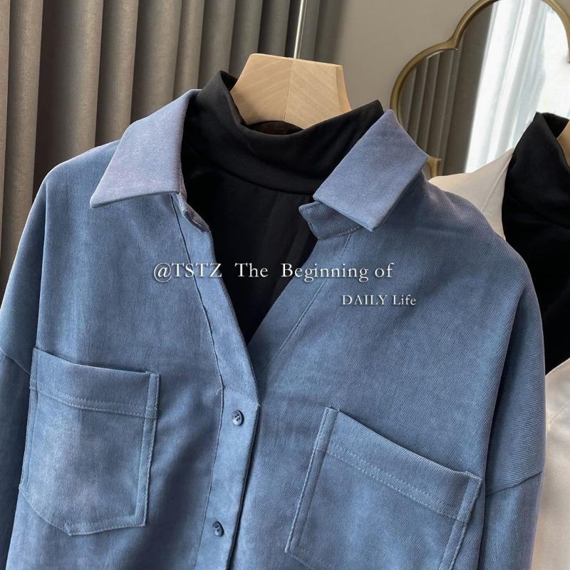 

Fake Two-piece Brushed Shirt for Women 2025 New Korean Style Autumn Winter Loose Layered Shirt Trend S синій