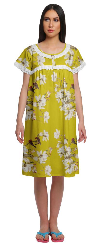 Moomaya Printed Short Sleeve Knee Length Nightdress Round Neck Sleepwear