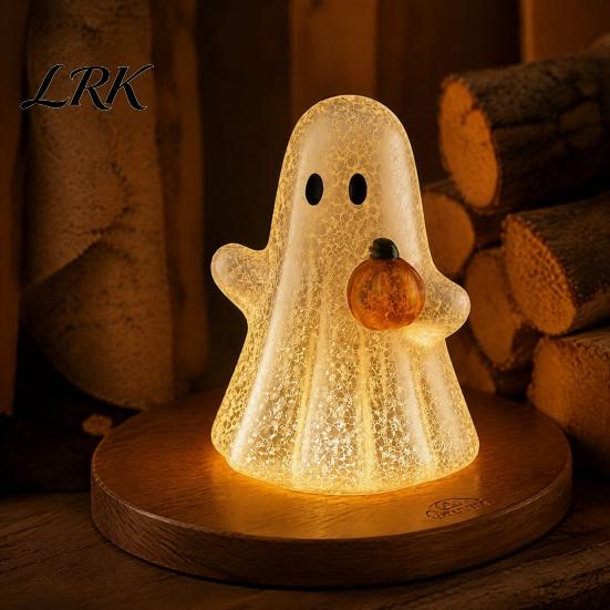 Ghost Pumpkin Decor Cracked Figurine Light, Halloween Table Centerpiece, LED Light-up Wireless Portable Room Light Holding Ornament for Home