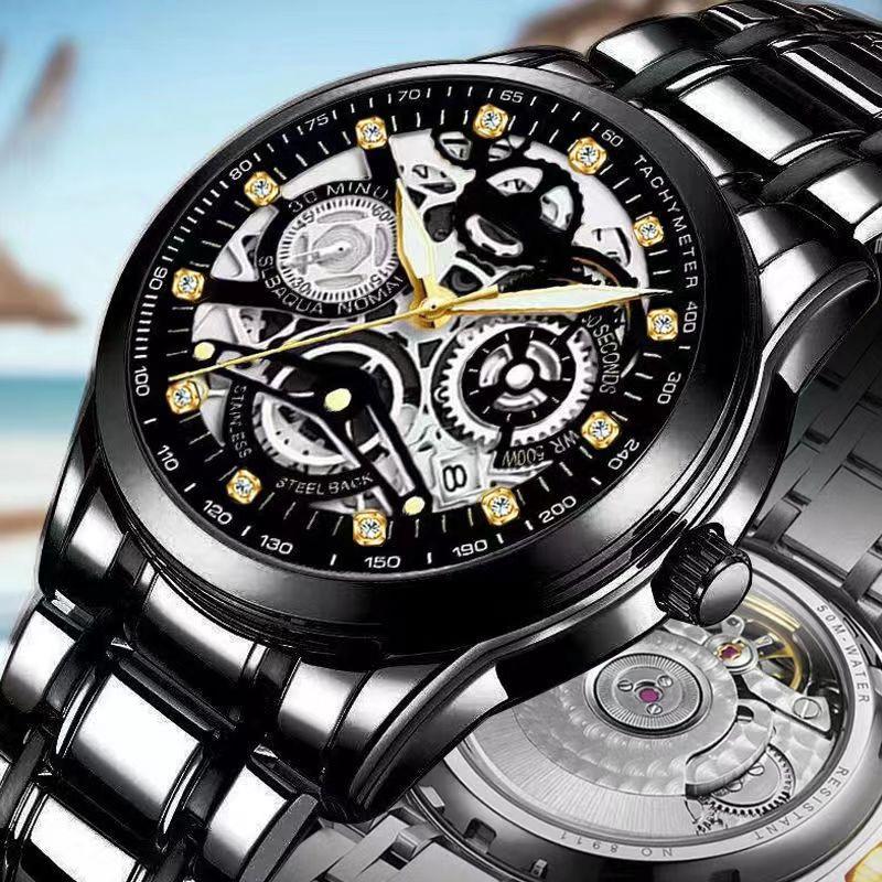Men'S Automatic Waterproof Luminous Hollow Fashion Fake Mechanical Watch Through The Bottom