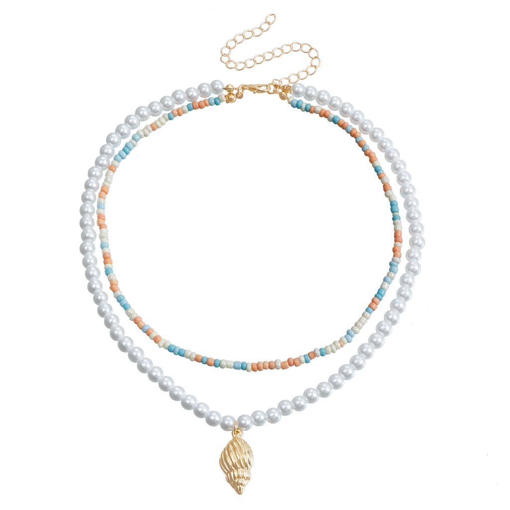 Bohemian Colored Rice Beads Imitation Pearl Double Shell Pendant Necklace Beaded Clavicle Chain