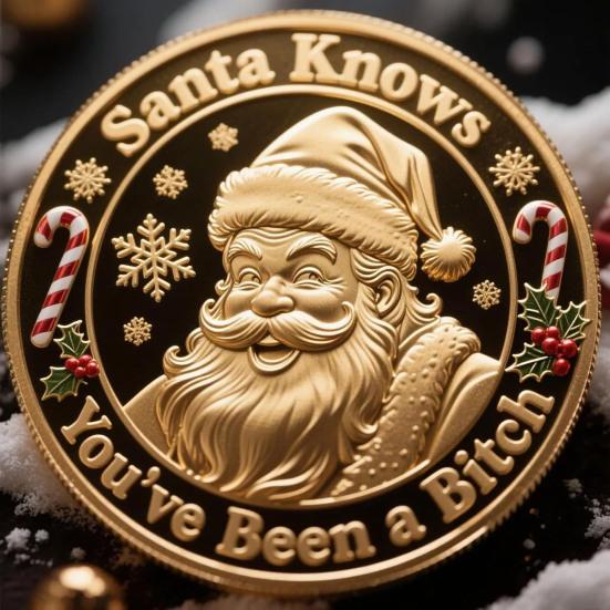Christmas Santa Claus Coin Santa Knows You've Been A Bitch Coin Metal Carving Collectible Coin Decoration Round Keepsake Badge Gag Gift