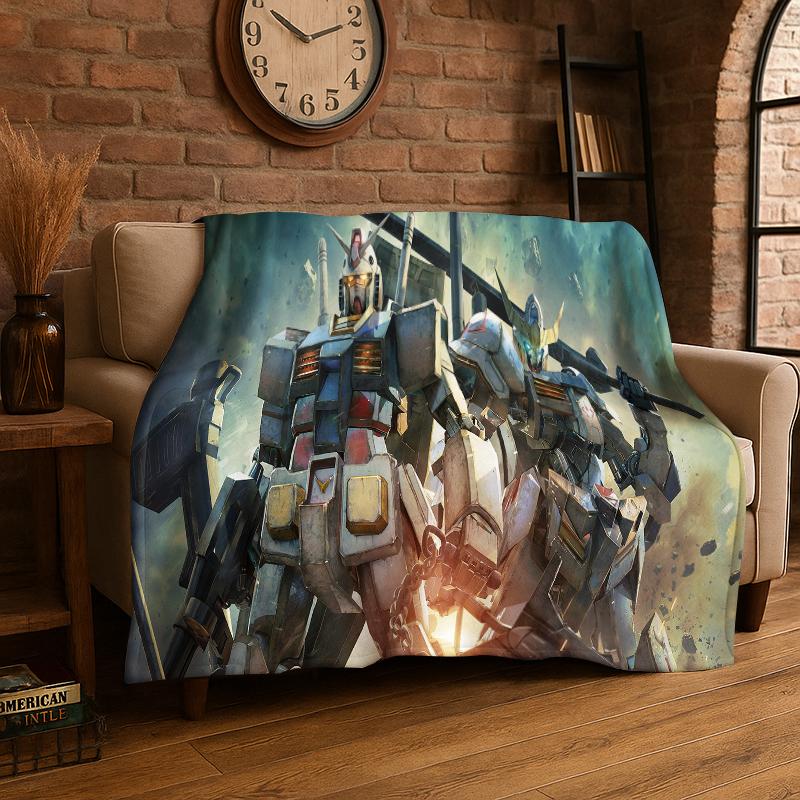 Classic Gundam Cartoon Robot Flannel Blanket Soft Warm Throw Blanket for Bedroom Living Room Bed Travel Camping Picnic Kids