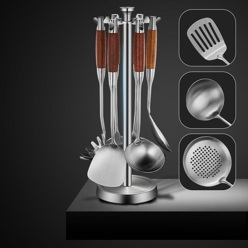 304 Stainless Steel & Pear Wood Kitchen Utensil Set - Stir-Fry Spatula, Skimmer, Frying Spatula, Rice Spoon.