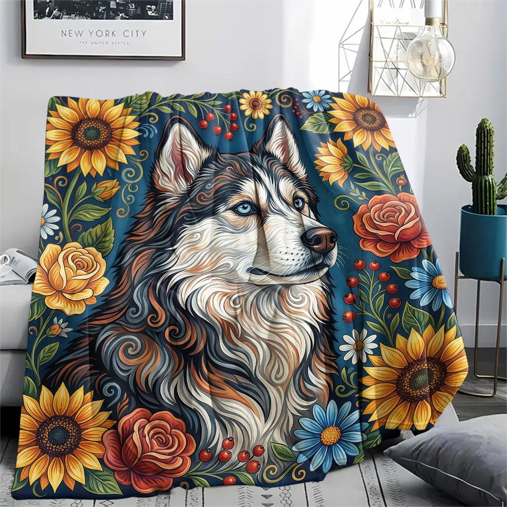 Sunflower Flowers and Puppies Print Flannel Blanket,High Quality Comfortable for All Seasons,Home Decor,Warmth and Comfort,Perfect for Christmas Gifts