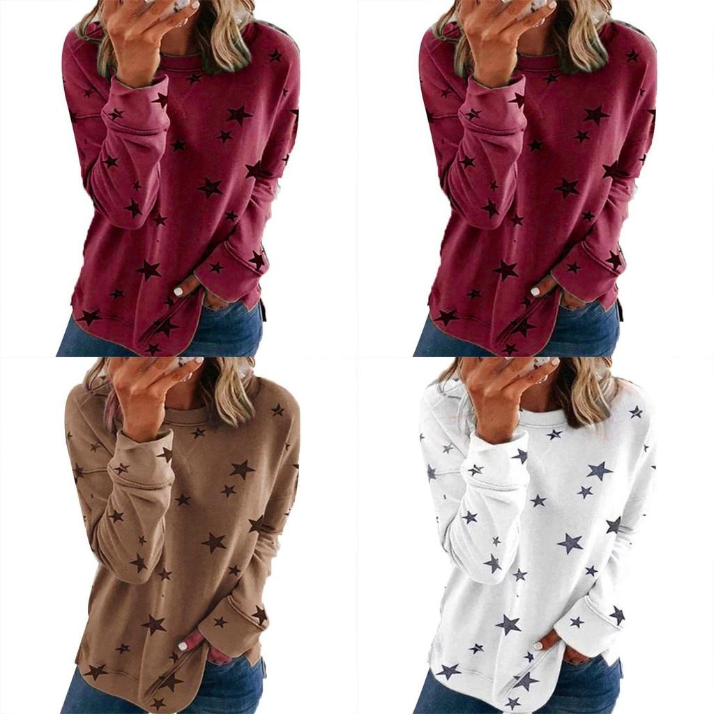 Women Casual Tunic Crew Neck Long Sleeve Star Print Tee Top Blouse For Daily Comfort And Style