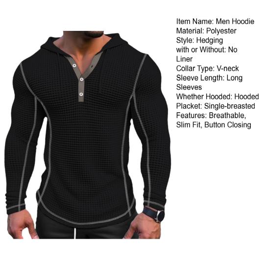 Pánská vafle jednobarevná bavlna mikina s kapucí prodyšný stylový slim fit zapínání na knoflíky pohodlné ležérní pánský svetr s dlouhým rukávem