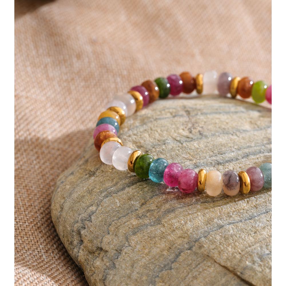 Yhpup Stone Beads Bracelet Bangle for Women Stainless Steel Colorful Natural Agate Handmade Elastic Fashion Manual Jewelry Gift