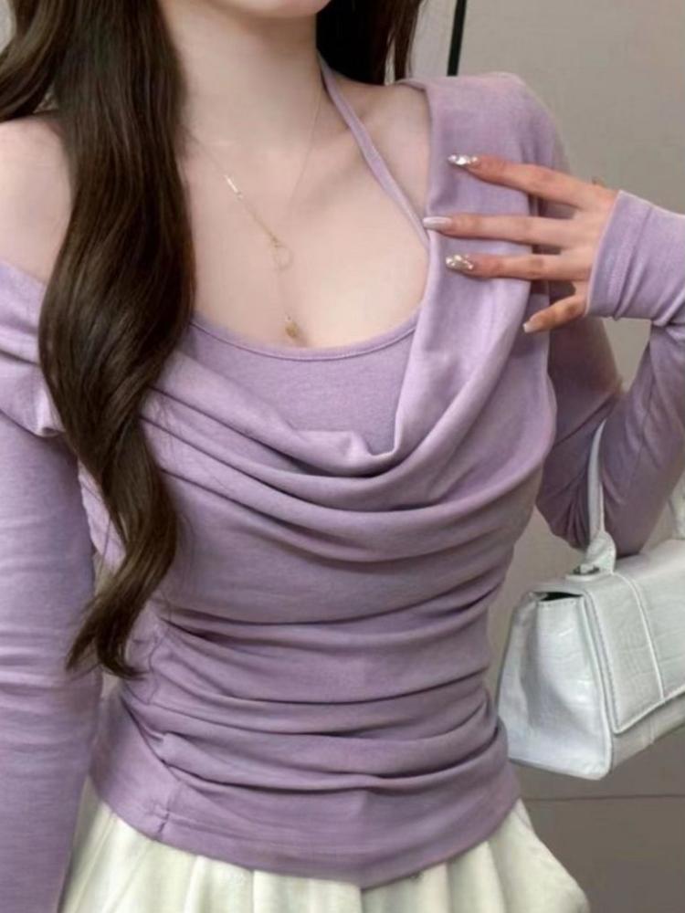 

Корейский шикарный ремень плиссированные тонкие топы женские 2024 сексуальные вырезы с разрезом повседневные однотонные пуловеры элегантные блузки для вечеринок осень-зима новые XL фиолетовый