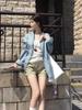 Women's Korean Style Blue Plaid Loose Shirt Jacket - Early Autumn Chic Design