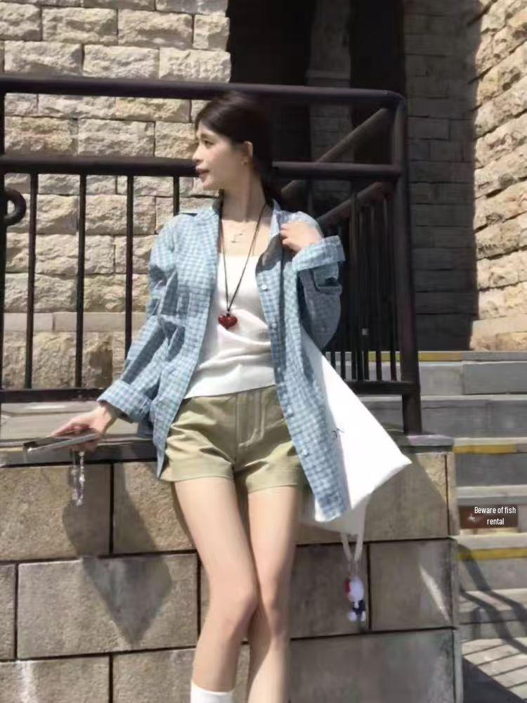 Women's Korean Style Blue Plaid Loose Shirt Jacket - Early Autumn Chic Design