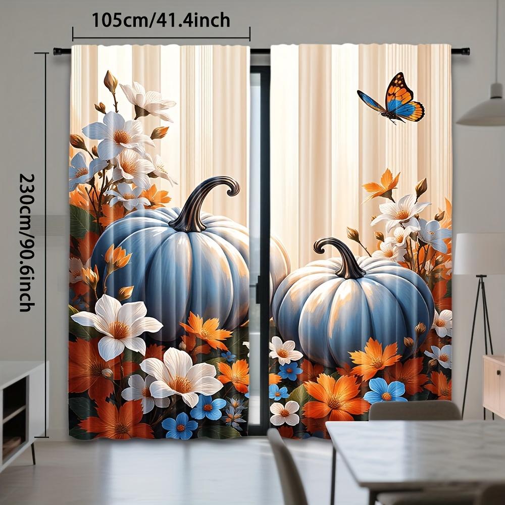 2PCS Thanksgiving Fall Curtains, Blue Pumpkin Floral Butterfly, Digital Print, Bedroom Living Room, Office, Rod Pocket