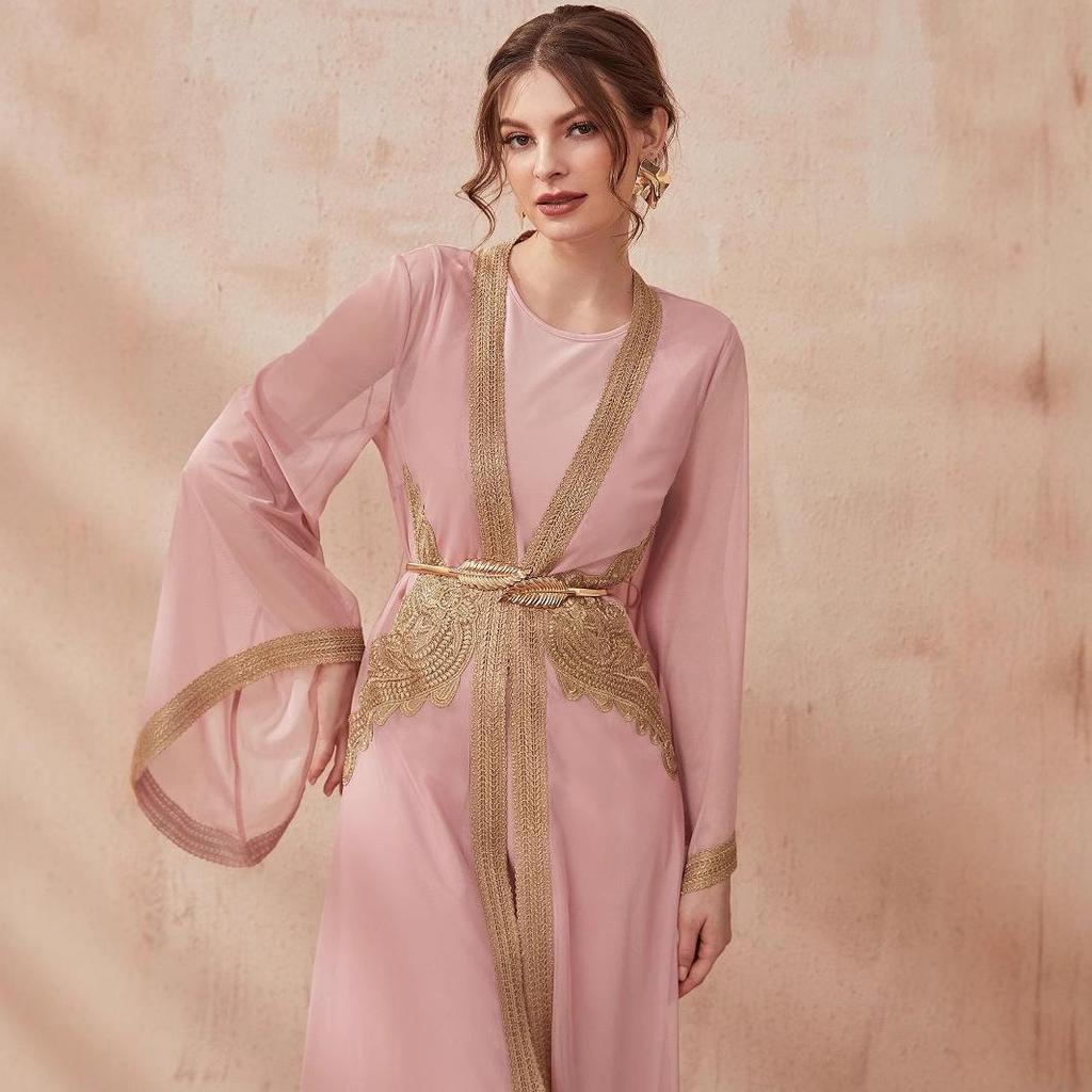 Middle Eastern Muslim Women's Two-Piece Abaya Dress with Belt