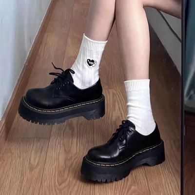 Loafers Thick Soled Retro Black Leather Shoes Women's 2025 Autumn Winter New Item Japanese Style College Style Lace Up Loafers