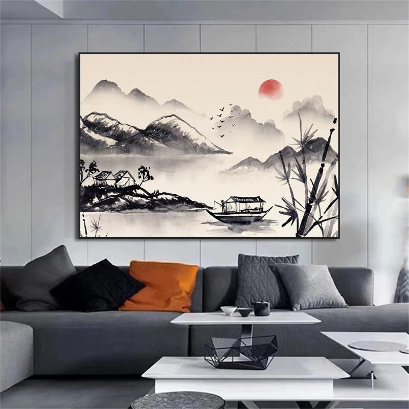 Chinesische Landschaft Vögel Wald Berg Fluss Koi Karpfen Fisch Tuschekunst Poster Leinwand Gemälde Wandkunst Drucke Bild Heimdekor