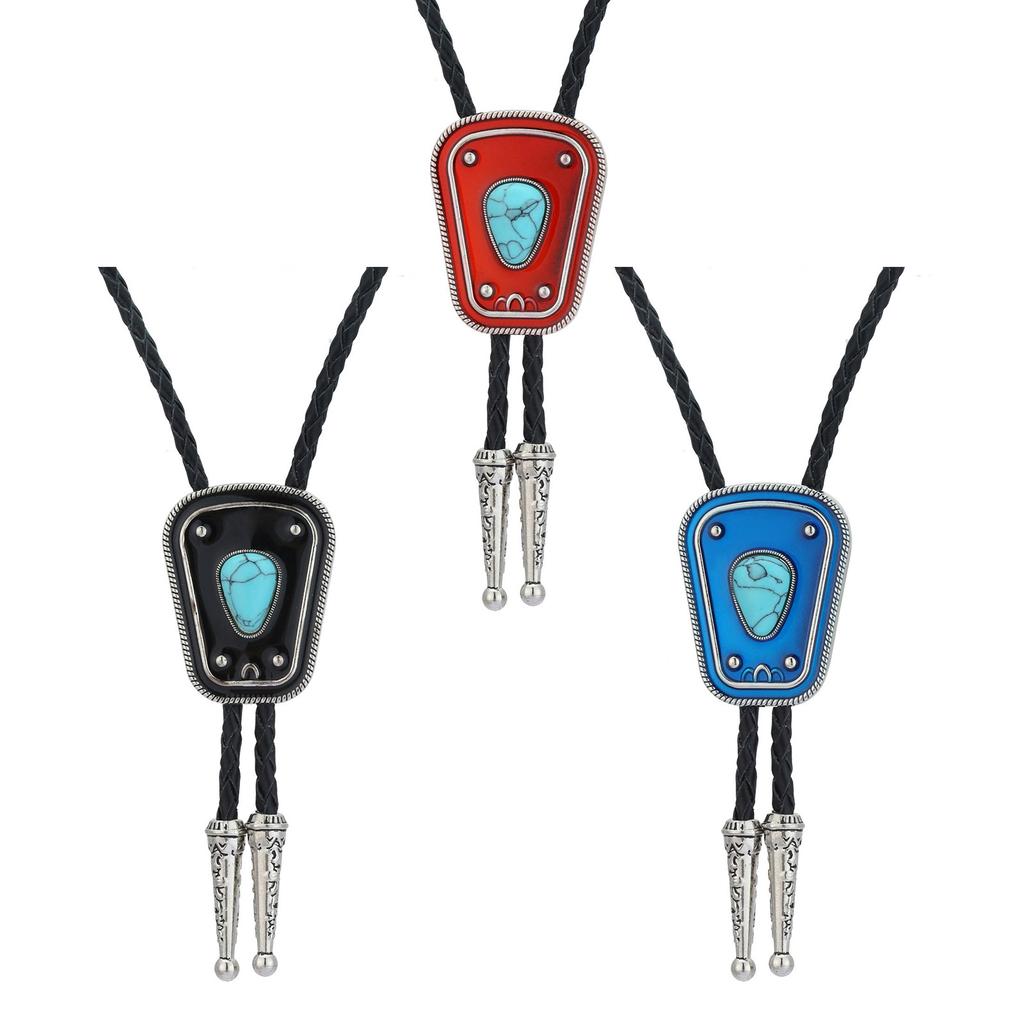 Mens Women Leather Bolo Tie Western Enamel Stone Pendant Cowboy Shirt Chain Collar Necktie Leather Rope Jewelry Necklace