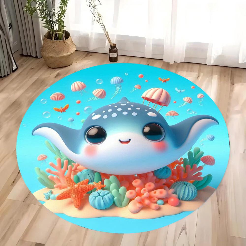 Cartoon Cute Dolphin Printed Round Carpet  Very Suitable for Children's Play Areas Bedrooms Living Rooms Anti Slip Carpets