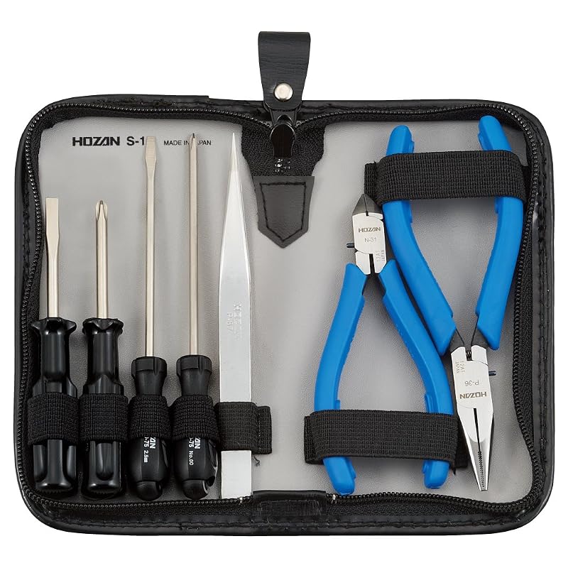 HOZAN Tool Set - 7-piece set, ideal for car tool kits, compact size fits in drawer, dimensions: 153W x 82H x 25D mm, S-1