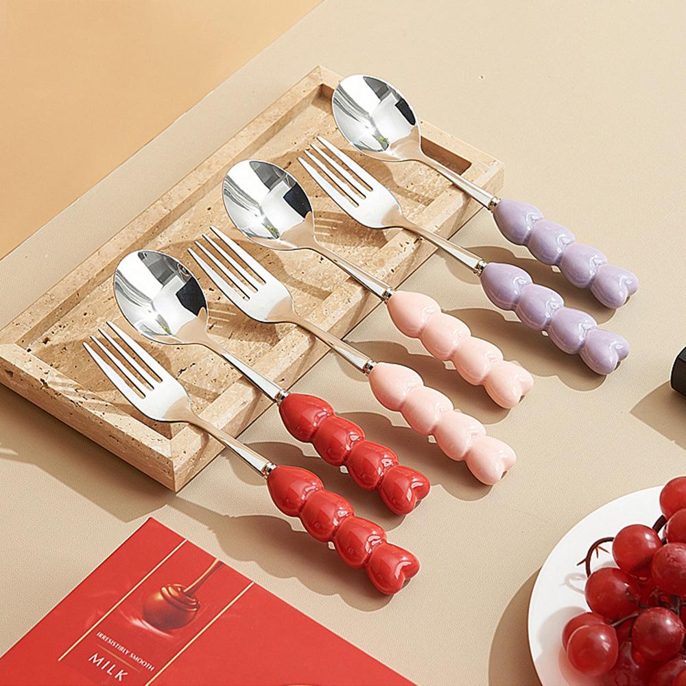 6pcs Fork and Spoon Set Heart-shaped Ceramic Stainless Steel Fork Spoon High Temperature Underglaze Color INS Style Craft Spoon