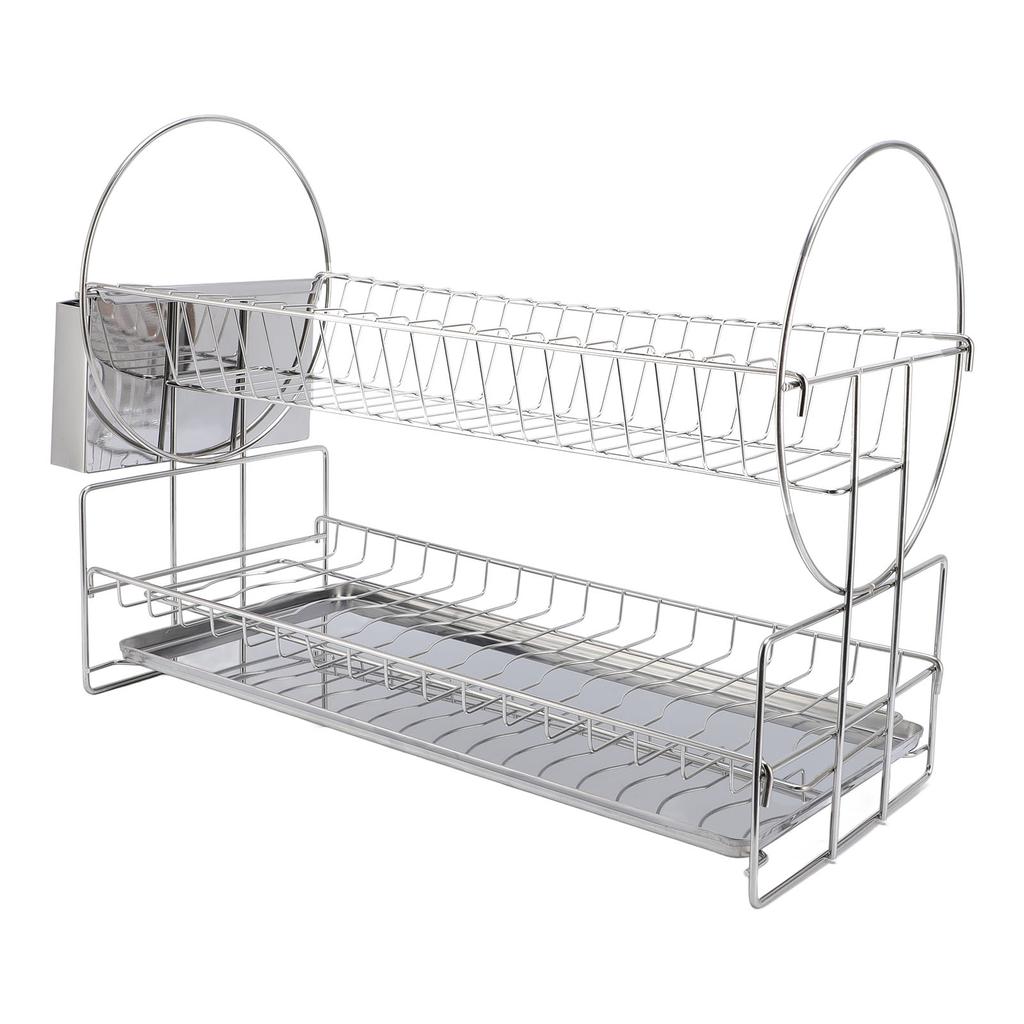 2 Tier Dish Drying Rack Stainless Steel Double Layers Dish Drainer with Cutlery Holder for Kitchen Storage