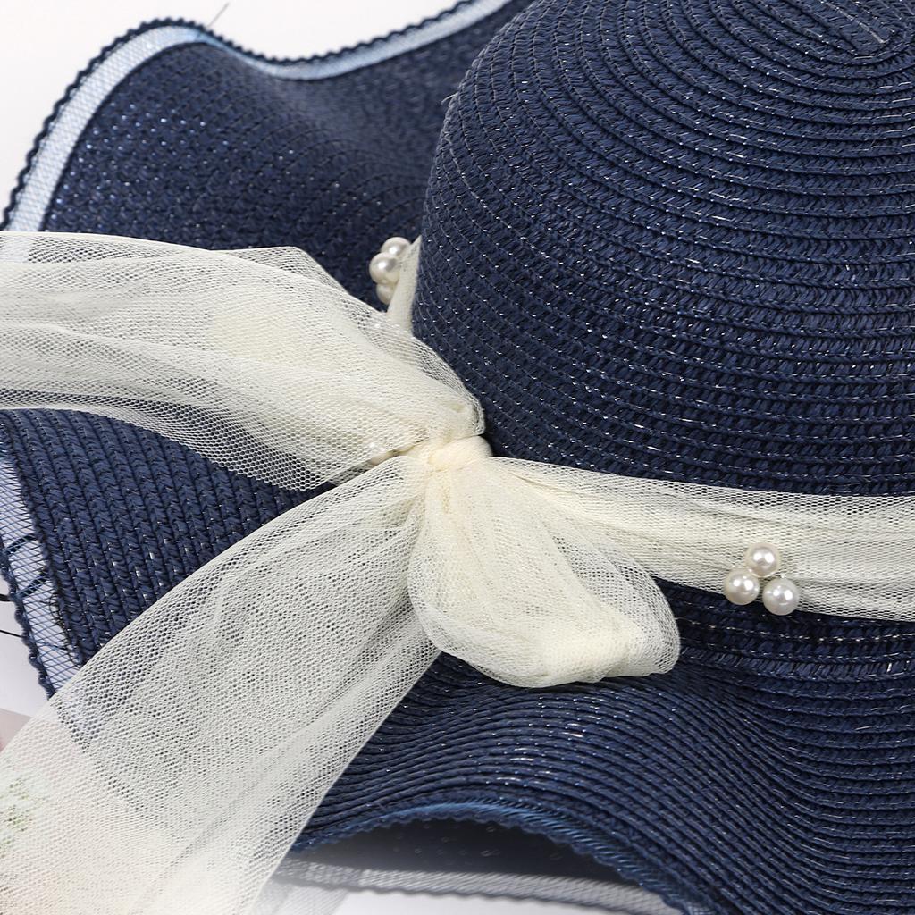 Summer big-brimmed beach hat women's pearl mesh yarn knot straw woven beige sun hat, tide sunscreen, sunshade straw hat women