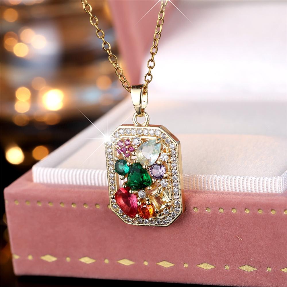 Female Crystal Rainbow Zircon Stone Pendant Necklace Vintage Gold Color Wedding  For Women
