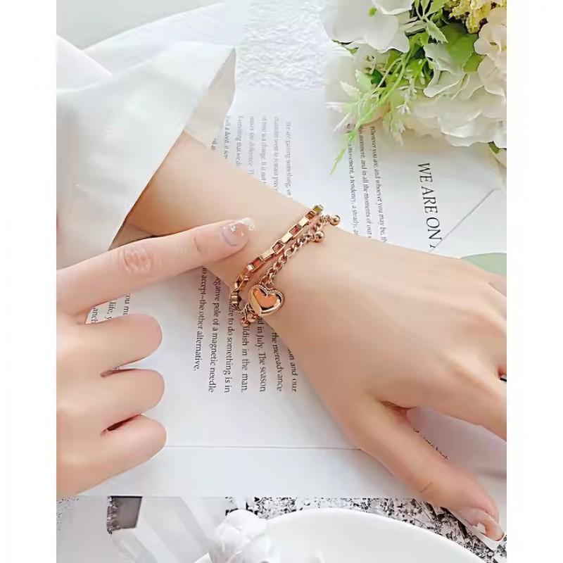 Double Layer Heart Charm Beaded Bracelet Women Titanium Steel Gold Plated Elegant Minimalist Jewelry Accessory
