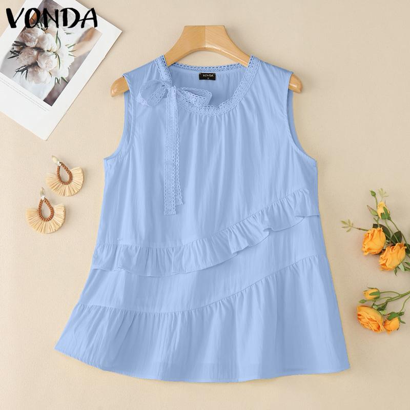 

VONDA Women Sleeveless Crochet Tank Tops Casual Ruffled Patchwork Lace Hem Tops 5XL