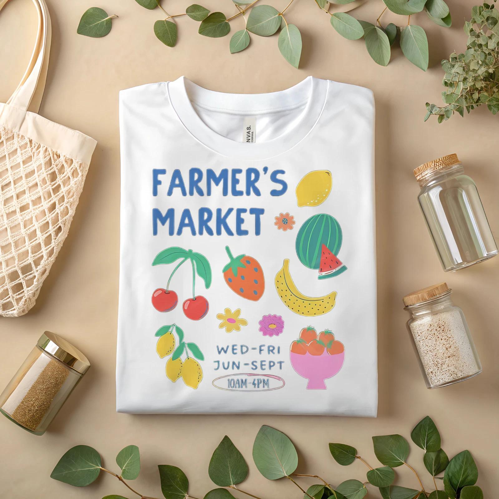 Футболка с изображением фермерского рынка – Милая футболка с фруктовым принтом, Летний фермерский рынок A137 L