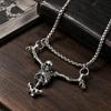 Skeleton Pendant Necklace with Three-Dimensional Full-Body Design, Prominent Skull, and Silver-Tone Distressed Finish for Streetwear Looks