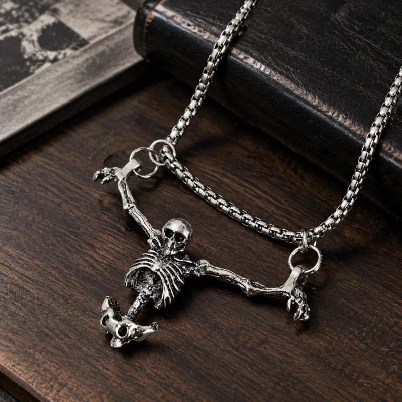 Skeleton Pendant Necklace with Three-Dimensional Full-Body Design, Prominent Skull, and Silver-Tone Distressed Finish for Streetwear Looks
