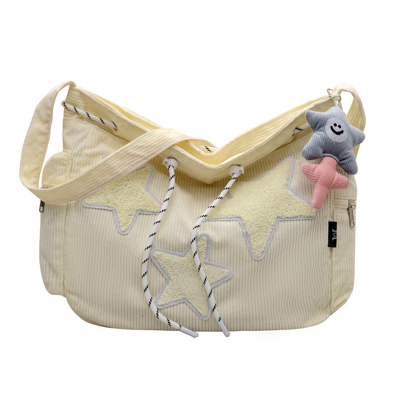Large Capacity Corduroy Women's Shoulder and Crossbody Tote Bag with Pentagram Design