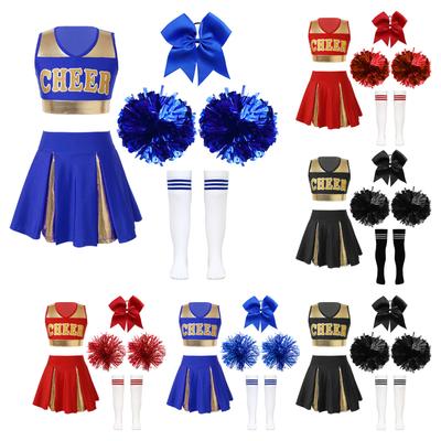 Kinder Mädchen Cheerleading Tanz-Outfits, ärmellos, V-Ausschnitt, Briefdruck, bauchfreies Top, Faltenrock, Haargummi, Handblumen, gestreifte Socken