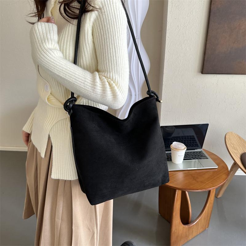 Stylish Retro Suede Bucket Bag For Women In Black Khaki And White Perfect For Casual Street Fashion