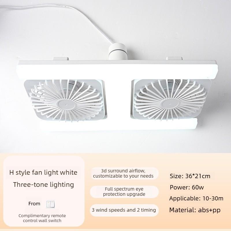 

E27 Fan Light with Remote Control Dimming Speed Control H-shaped Lamp Dual Head Fan Kitchen Bathroom Air Circulation Silent Fan