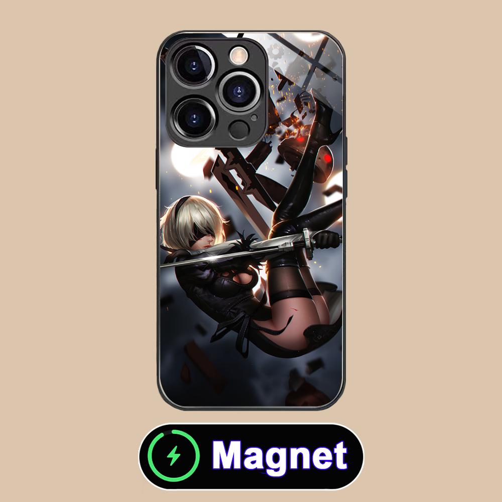 Anime Nier 2B Glass MagSafe Mobile Phone Case for iPhone 17 16 15 14 13 12 11 Air Pro Max Plus Mini Colorful Cover